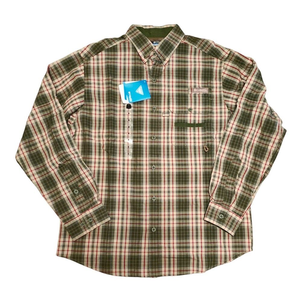 Columbia PHG Shirt Men M Green Plaid Vented Roll Tab Hunting Fishing Outdoor